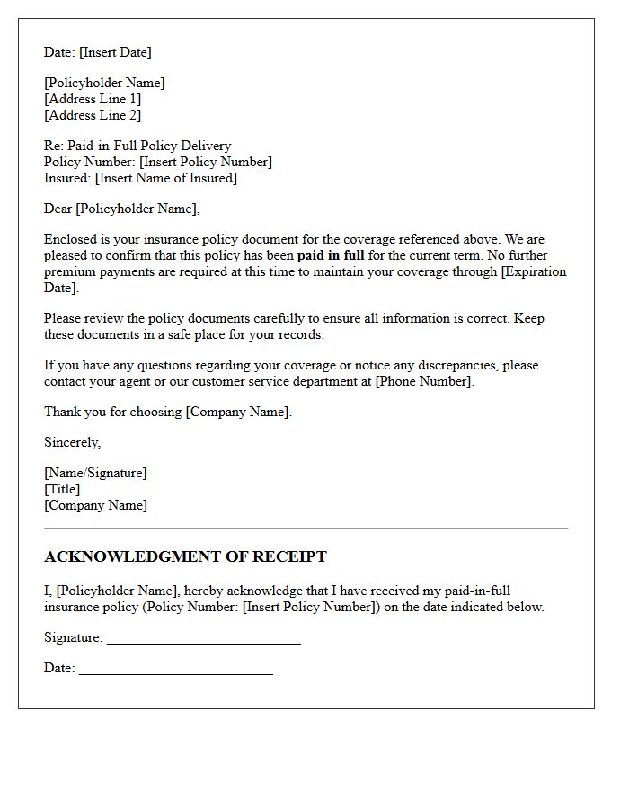 Standard Paid-in-Full Policy Delivery and Receipt Letter