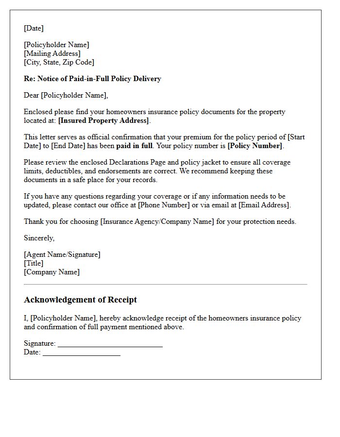 Homeowners Insurance Paid-in-Full Policy Delivery and Receipt Letter