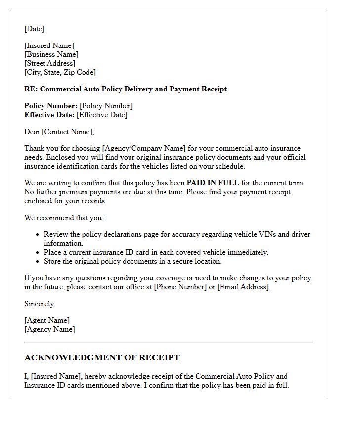 Commercial Auto Paid-in-Full Policy Delivery and Receipt Letter