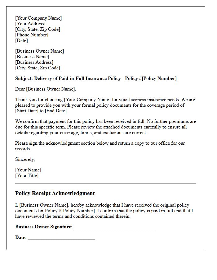 Business Owners Paid-in-Full Policy Delivery and Receipt Letter