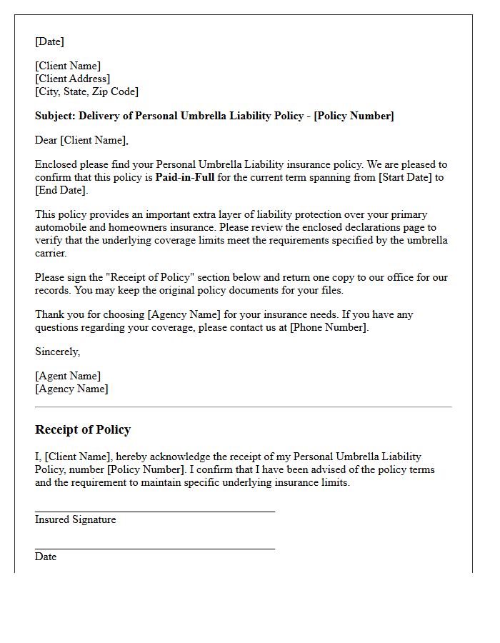 Personal Umbrella Paid-in-Full Policy Delivery and Receipt Letter