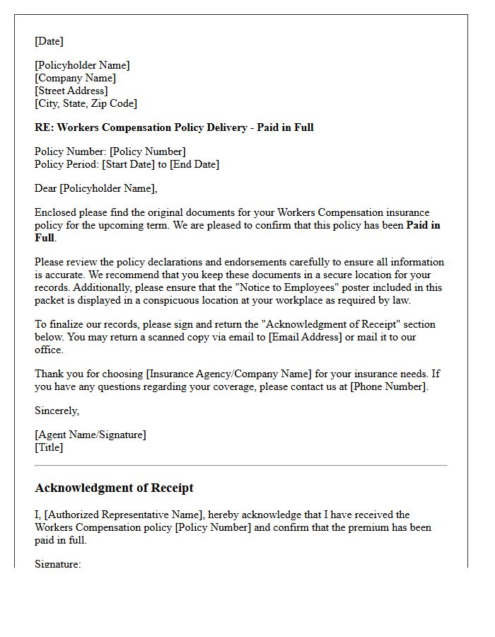 Workers Compensation Paid-in-Full Policy Delivery and Receipt Letter