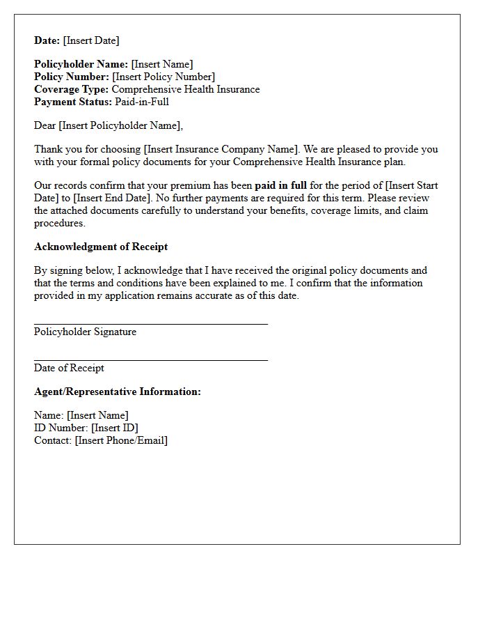 Comprehensive Health Paid-in-Full Policy Delivery and Receipt Letter