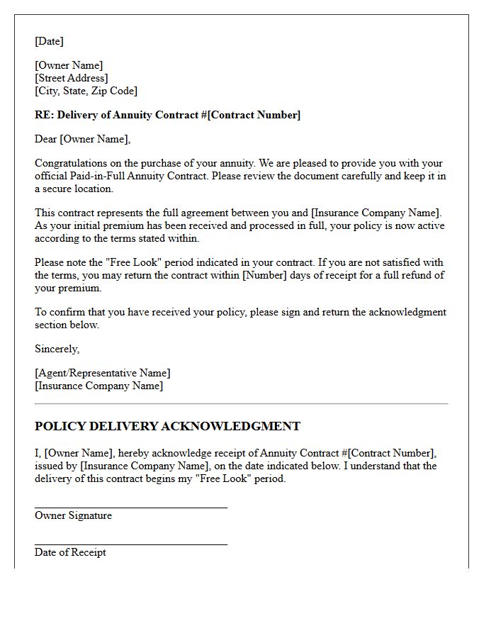 Annuity Contract Paid-in-Full Policy Delivery and Receipt Letter