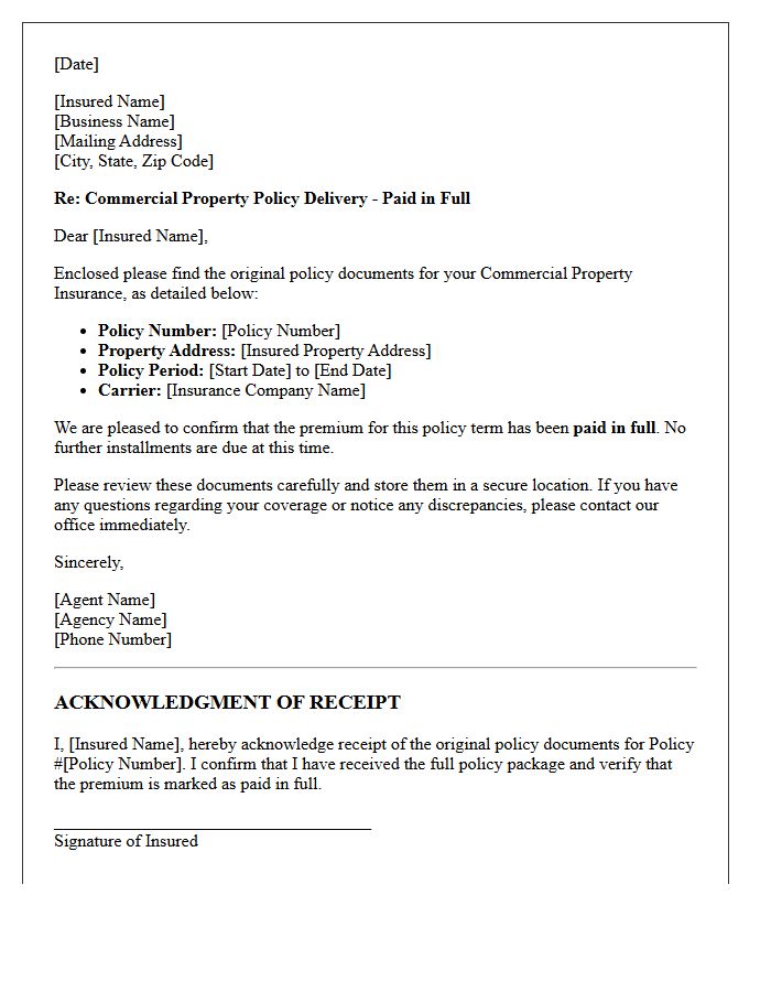 Commercial Property Paid-in-Full Policy Delivery and Receipt Letter