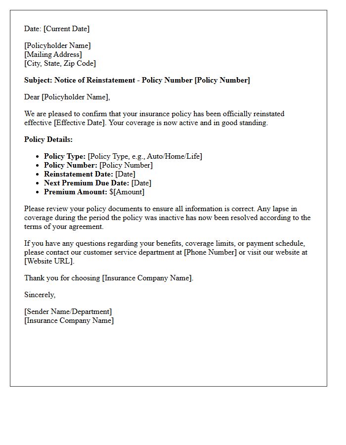 Reinstated Insurance Policy Number and Details