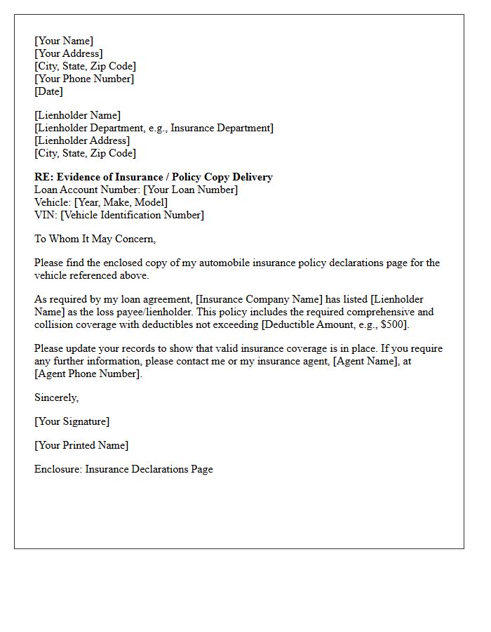 Auto Loan Lienholder Policy Copy Delivery Letter
