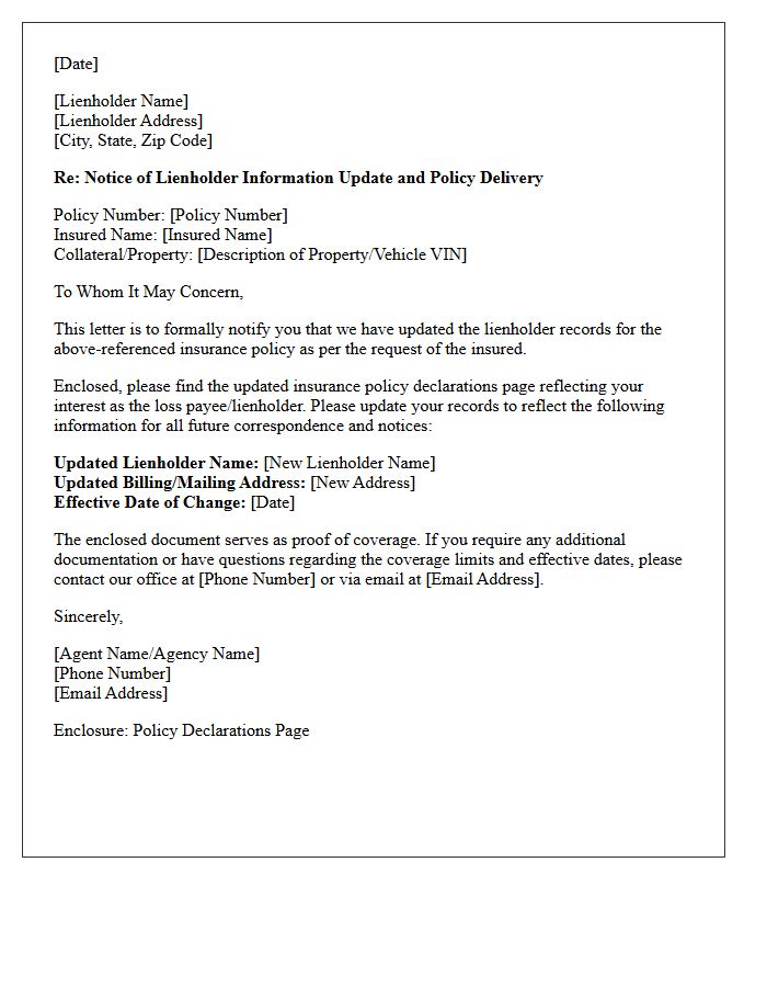 Lienholder Information Change Policy Delivery Letter