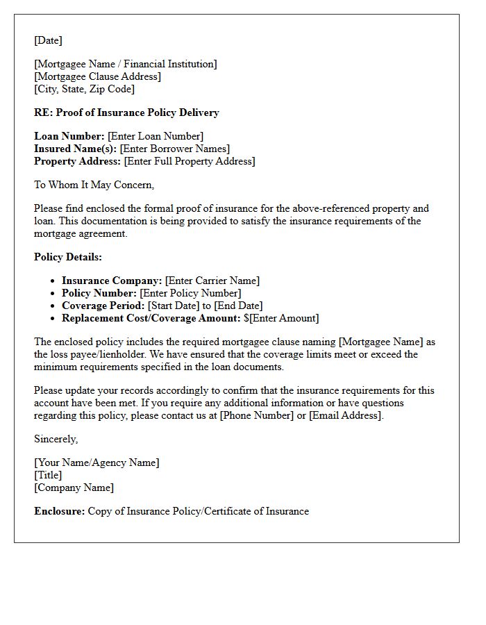 Proof Of Insurance Policy Delivery Letter For Mortgagees