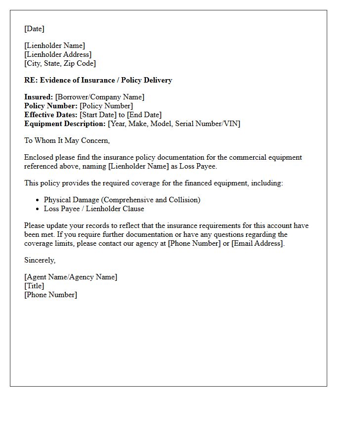Commercial Equipment Lienholder Policy Delivery Letter