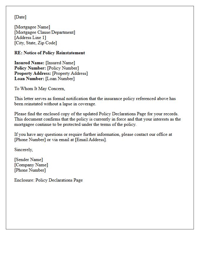Reinstated Policy Copy Delivery Letter For Mortgagees