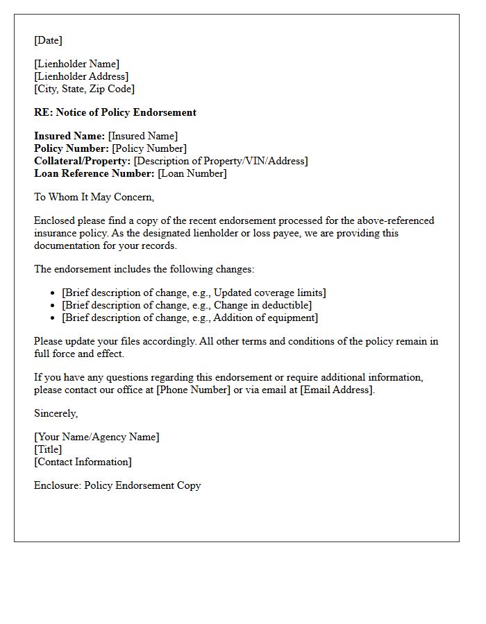 Policy Endorsement Copy Delivery Letter For Lienholders
