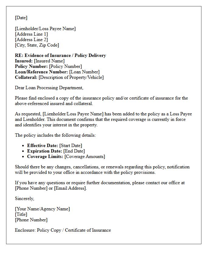 Loss Payee And Lienholder Policy Copy Delivery Letter
