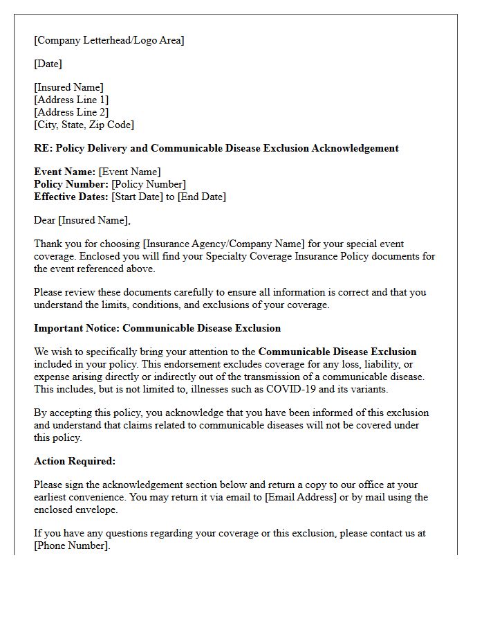 Special Event Specialty Coverage Policy Delivery With Communicable Disease Exclusion Acknowledgement Letter