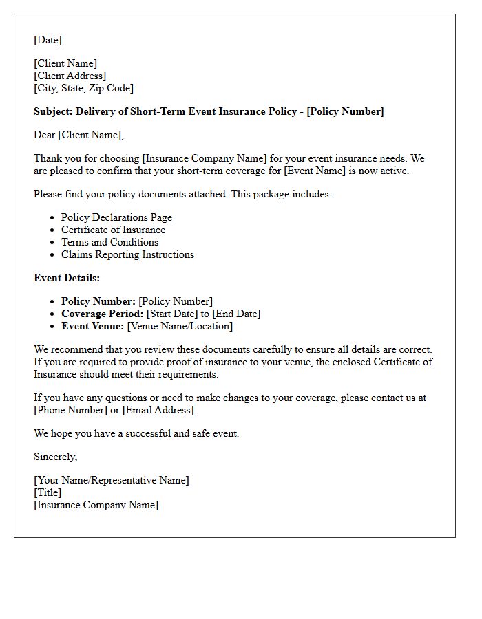 Short-Term Event Insurance Policy Delivery Letter