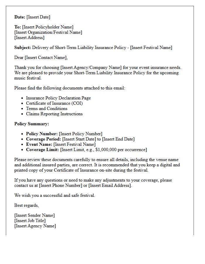 Music Festival Short-Term Liability Policy Delivery Letter