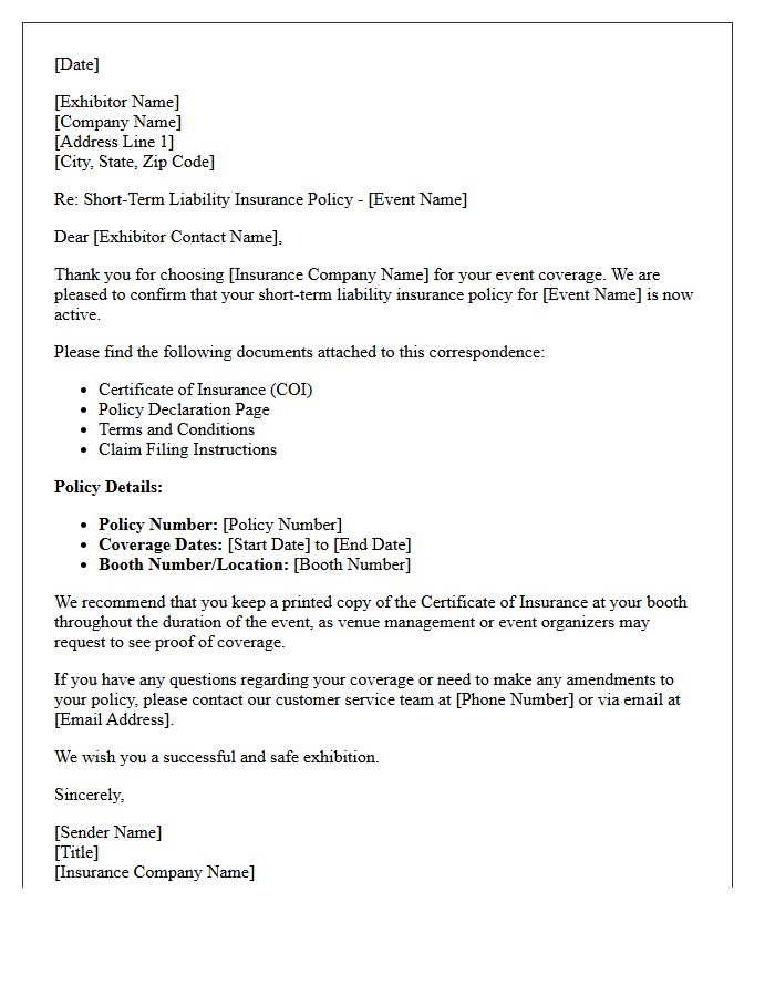 Exhibitor Booth Short-Term Insurance Policy Delivery Letter