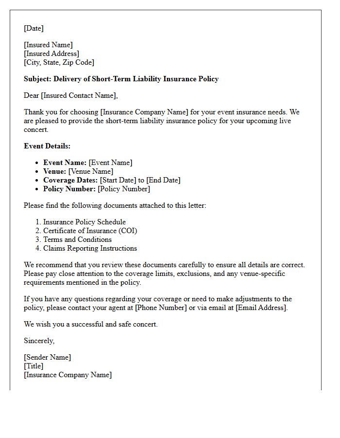Live Concert Short-Term Liability Policy Delivery Letter
