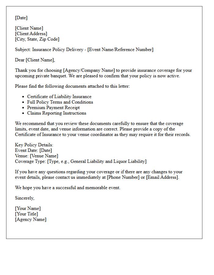 Private Banquet Event Insurance Policy Delivery Letter