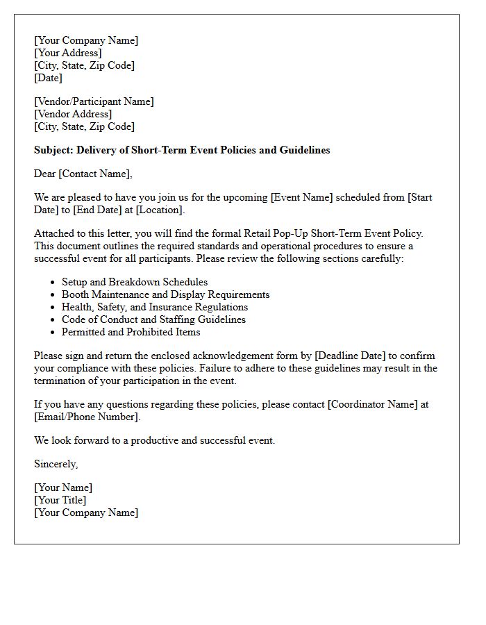Retail Pop-Up Short-Term Event Policy Delivery Letter