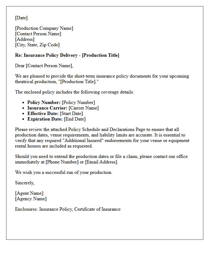 Theatrical Production Short-Term Policy Delivery Letter