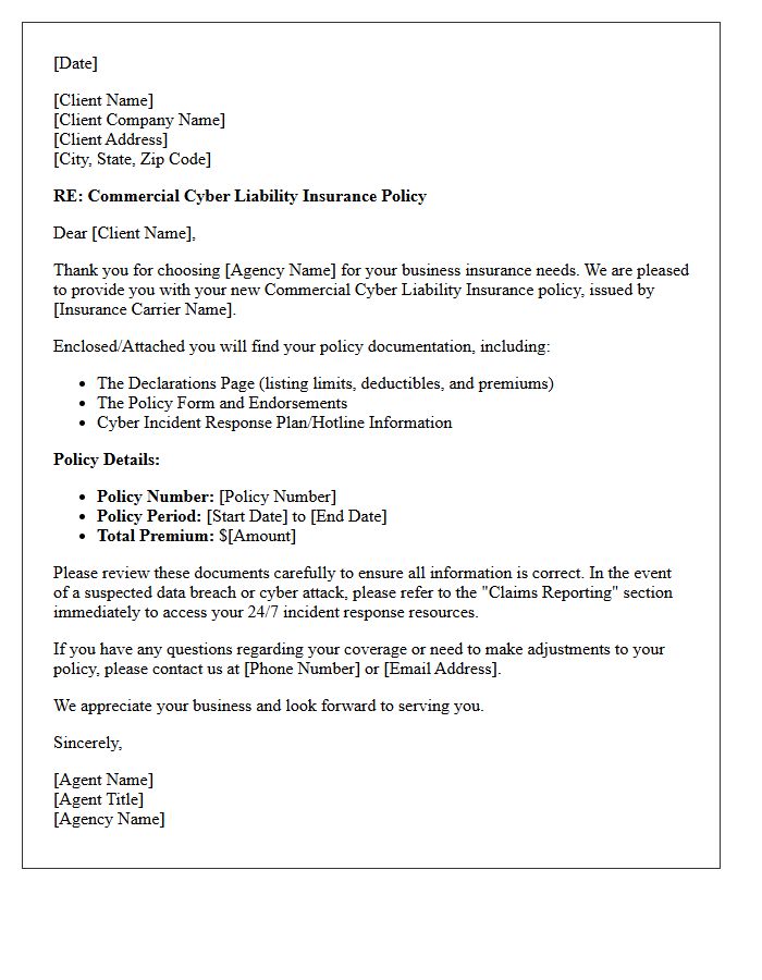 Commercial Cyber Liability Insurance Delivery Letter