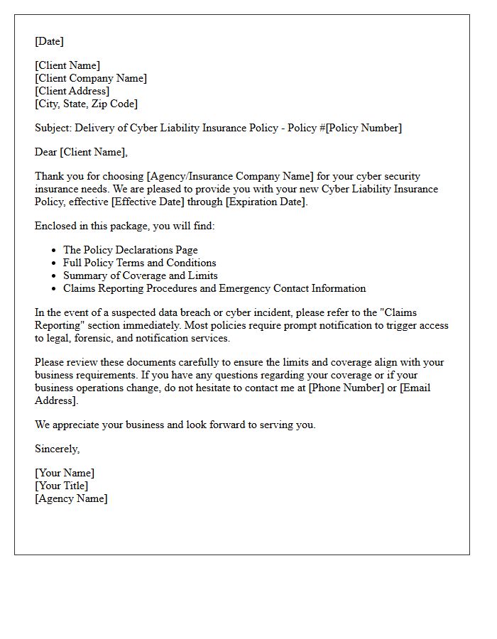 Cyber Liability Insurance Policy Delivery Cover Letter