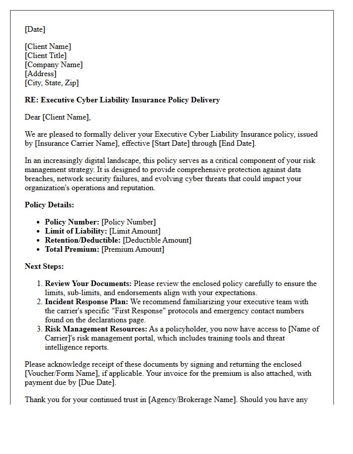 Executive Cyber Liability Policy Delivery Letter