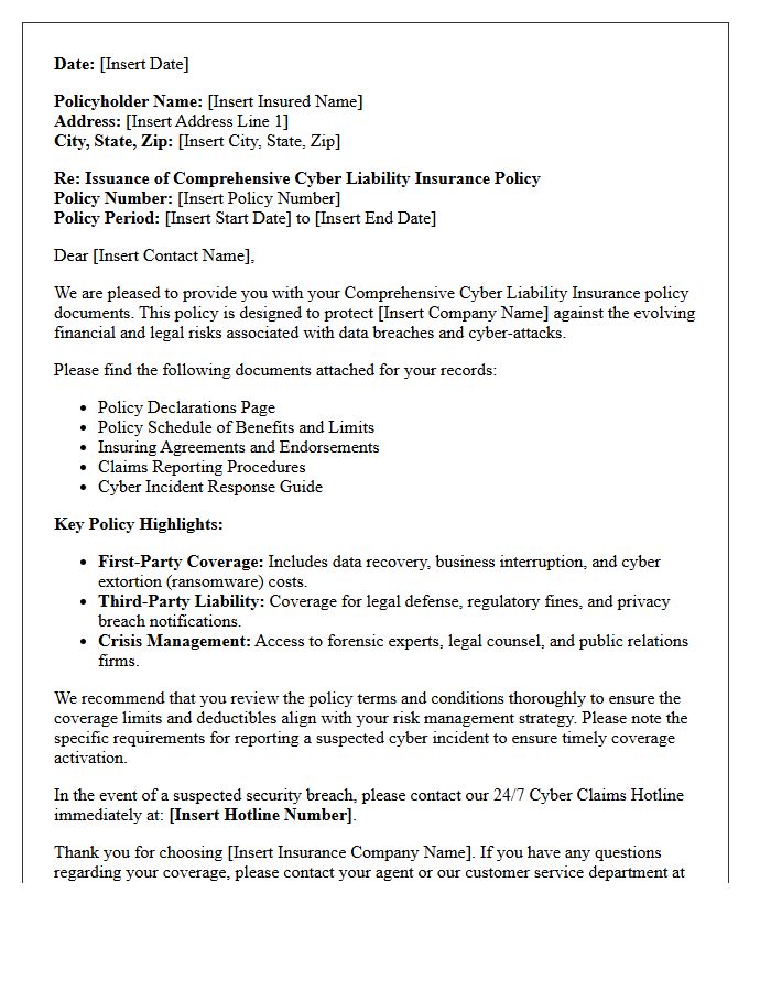 Comprehensive Cyber Liability Policy Issuance Letter