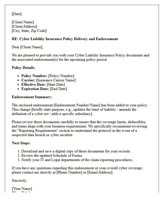 Cyber Liability Policy Endorsement And Delivery Letter