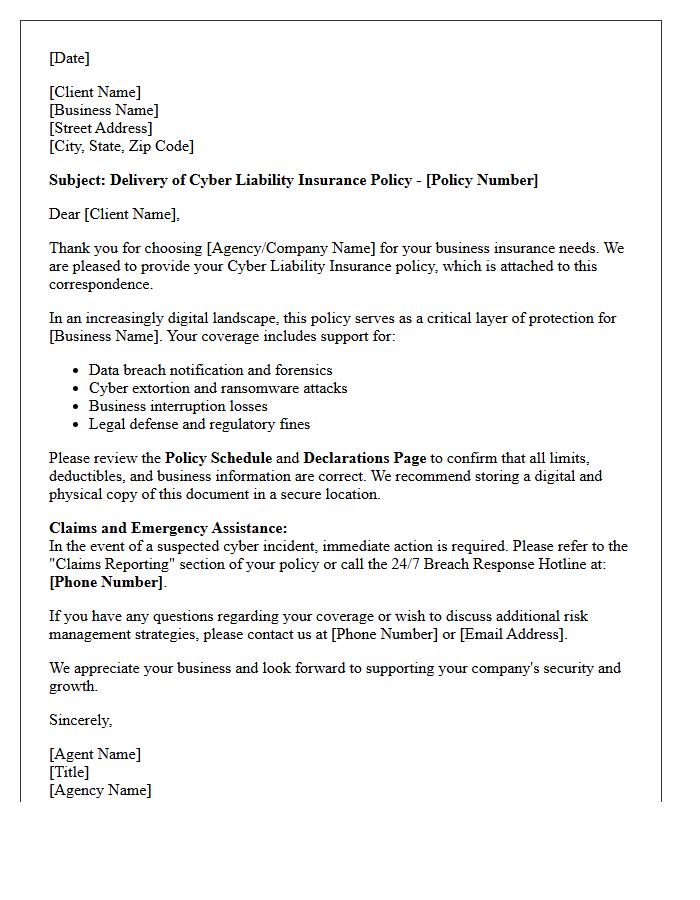Small Business Cyber Liability Policy Delivery Letter