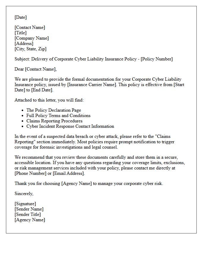 Corporate Cyber Liability Insurance Delivery Letter