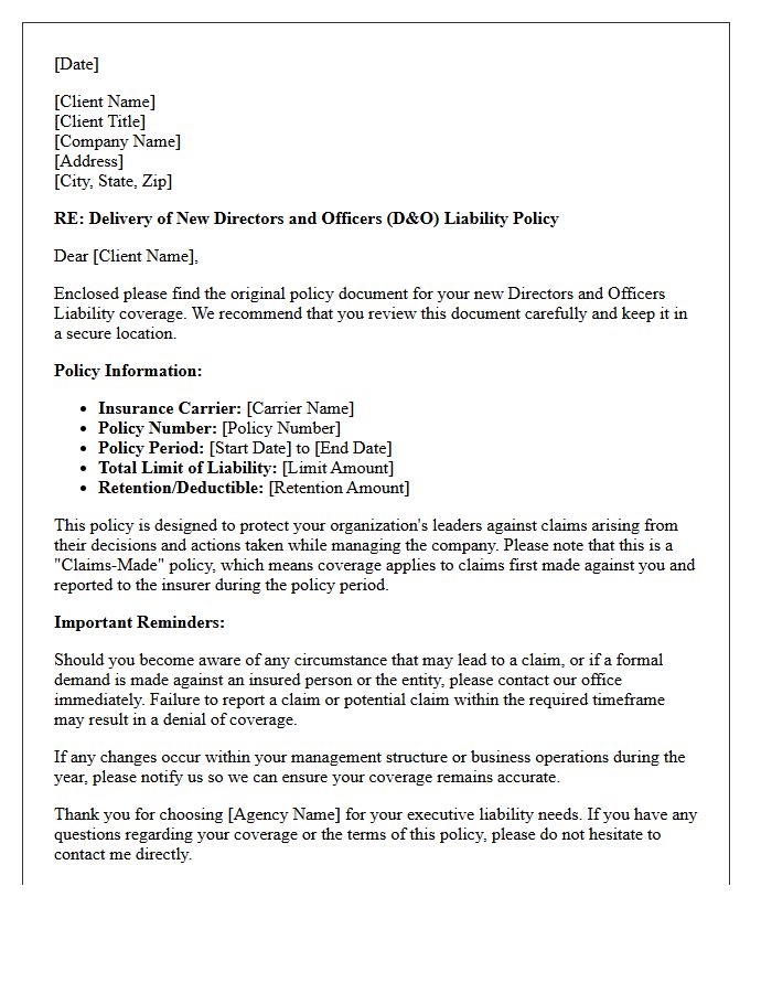 New Business Directors and Officers Liability Policy Delivery Letter