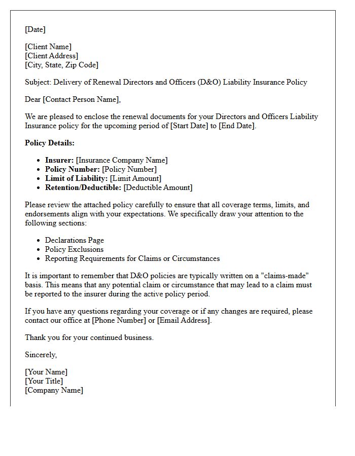 Renewal Directors and Officers Liability Policy Delivery Letter