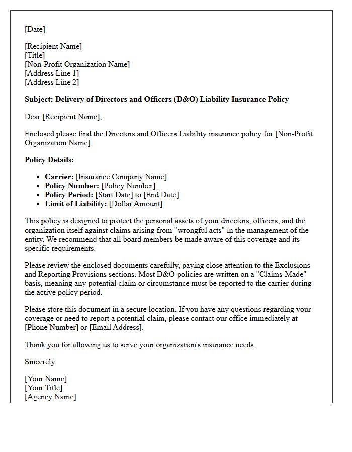 Non-Profit Directors and Officers Liability Policy Delivery Letter