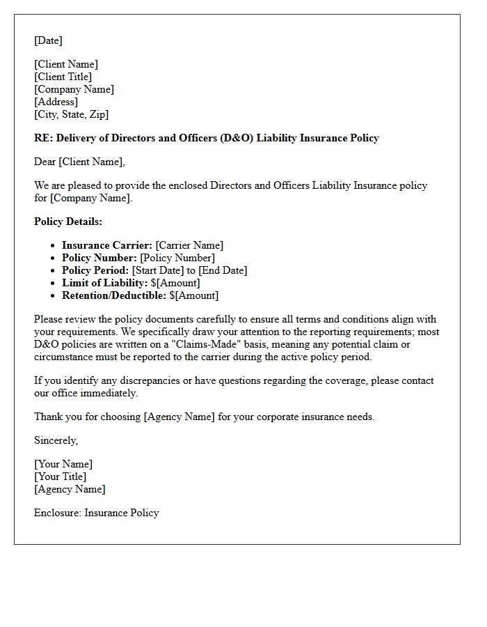 Corporate Directors and Officers Liability Policy Delivery Letter