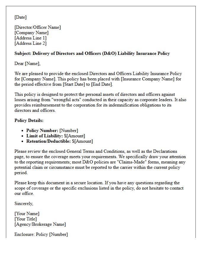 Public Company Directors and Officers Liability Policy Delivery Letter