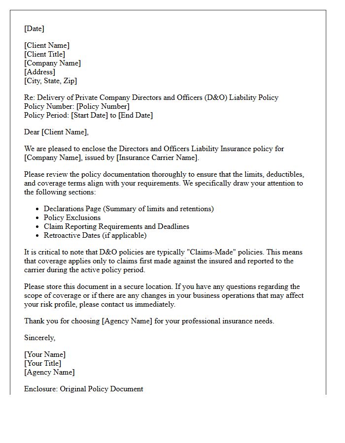 Private Company Directors and Officers Liability Policy Delivery Letter