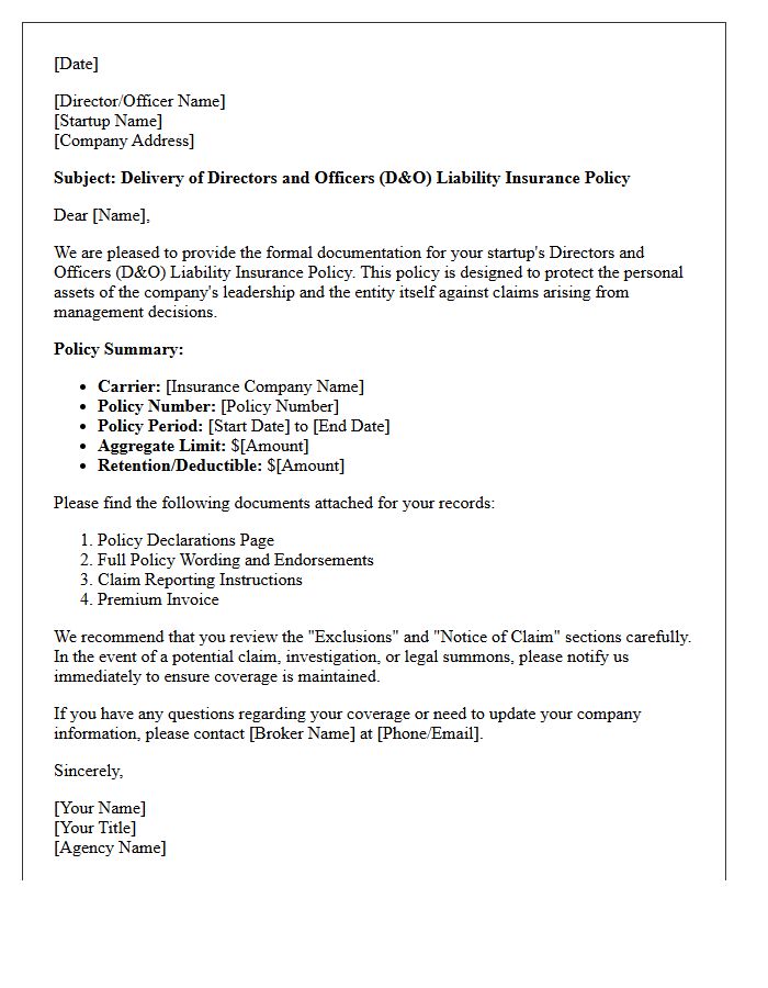 Startup Directors and Officers Liability Policy Delivery Letter