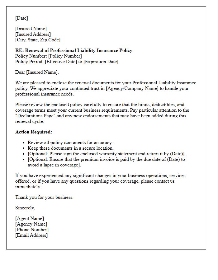 Renewal Professional Liability Policy Delivery Letter