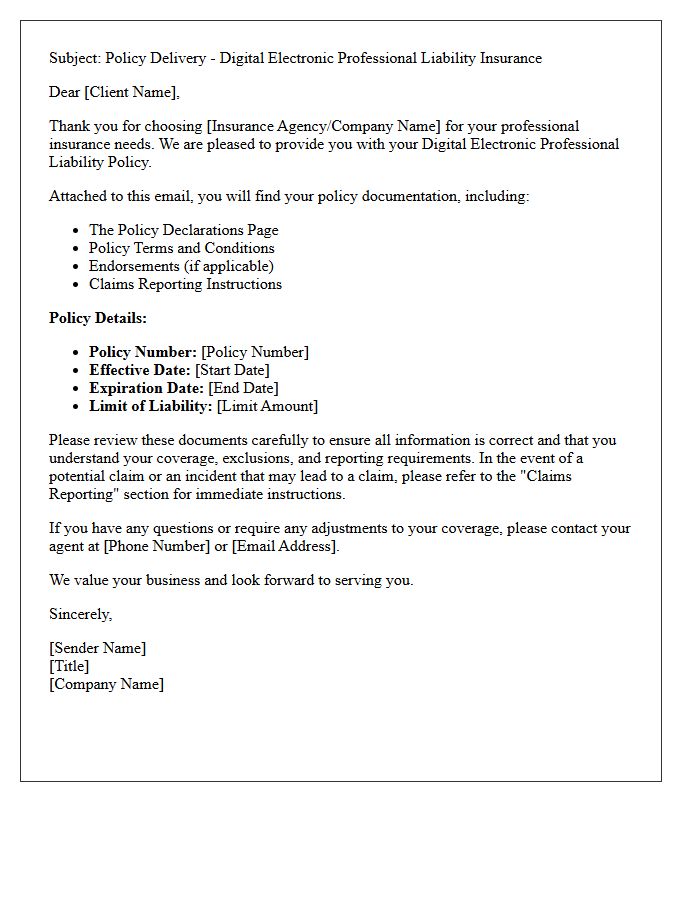 Digital Electronic Professional Liability Policy Delivery Letter