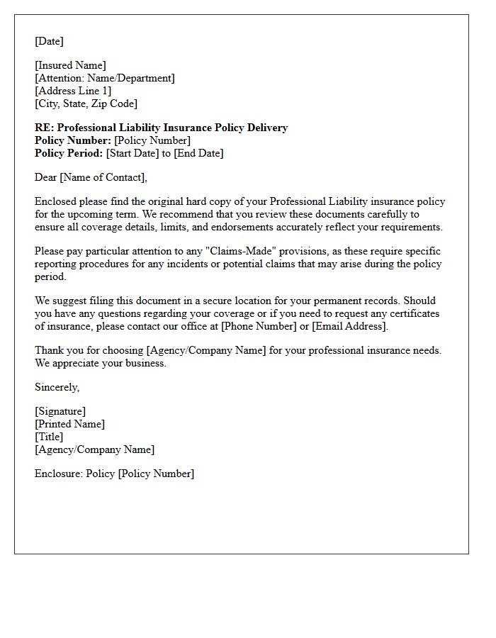 Hard Copy Professional Liability Policy Delivery Letter