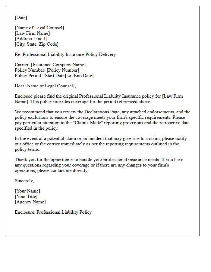 Legal Counsel Professional Liability Policy Delivery Letter
