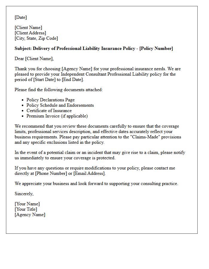 Independent Consultant Professional Liability Policy Delivery Letter