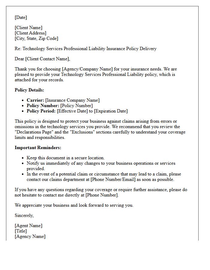 Technology Services Professional Liability Policy Delivery Letter