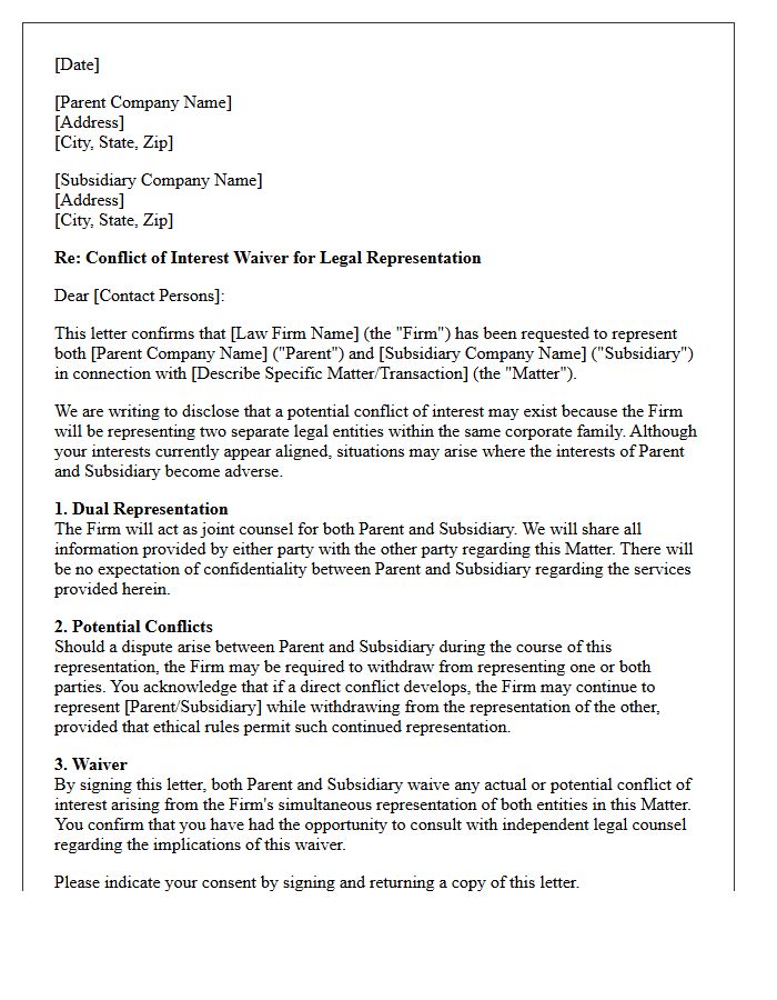 Parent and Subsidiary Corporate Conflict Waiver Engagement Letter