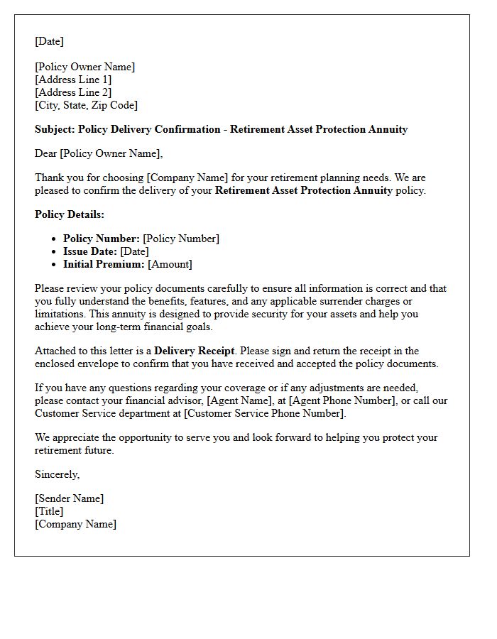 Policy Delivery Confirmation For The Retirement Asset Protection Annuity Letter
