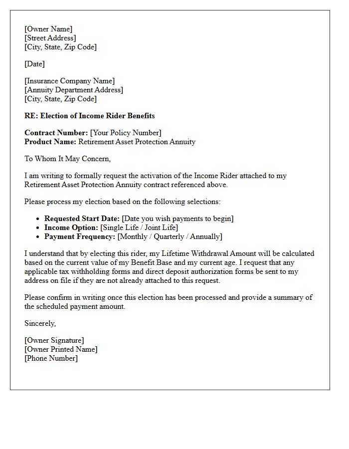 Income Rider Election On The Retirement Asset Protection Annuity Letter