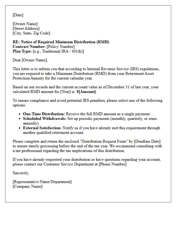 Required Minimum Distribution From Your Retirement Asset Protection Annuity Letter