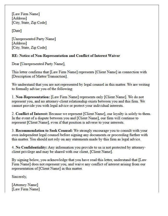 Unrepresented Party Conflict of Interest Waiver Engagement Letter